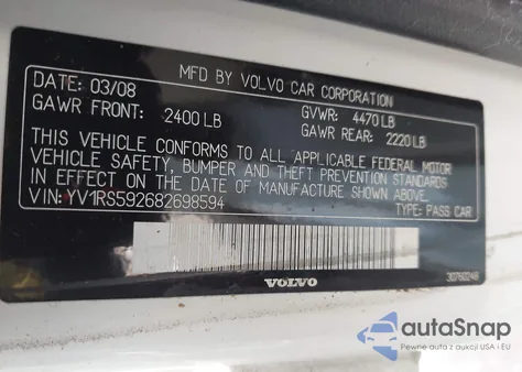 2008 Volvo S60 2.5T из США, поврежденный, VIN YV1RS592682698594